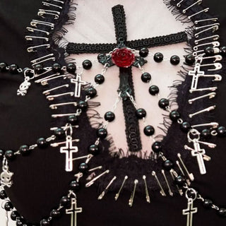 Crewneck beaded flower applique mesh top