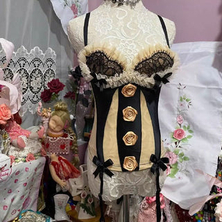 Ruffle v neck flower applique bowknot lace up top