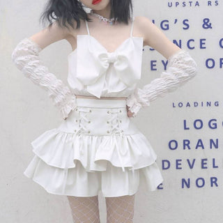 PU leather lace up ruffle mini skirt