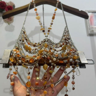 Hollow out halter metal chain beaded cut out top