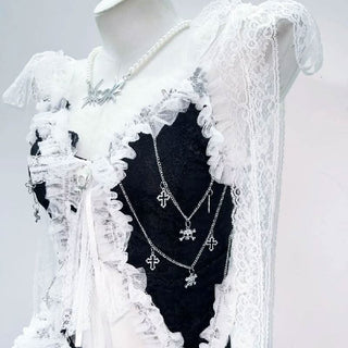 Lace hem self tie bowknot skull applique mini skirt set