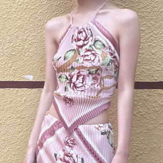 Bowknot ruffle ruched contrast flower print skirt set