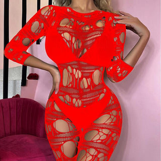 Long sleeve net hollow out padded bodystocking