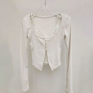 U neck long sleeve lace hem 2 piece cami top