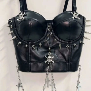PU leather rivet skull metal chain cami top
