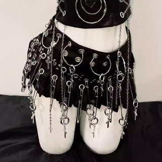 Halter o ring PU leather rivet metal chain mini skirt set