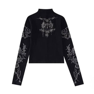 Long sleeve high neck cross print contrast top