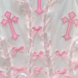 Crewneck bowknot cross pattern lace up ribbon top