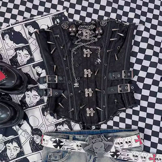 Metal chain skull applique print buckle lace up tube top