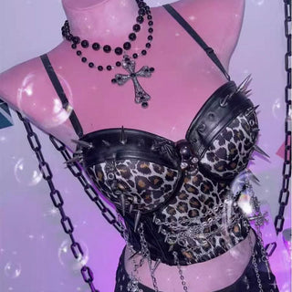 Leopard print v neck cross metal chain PU leather cami top