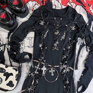 Long sleeve hollow out o ring skull applique cut out mini dress