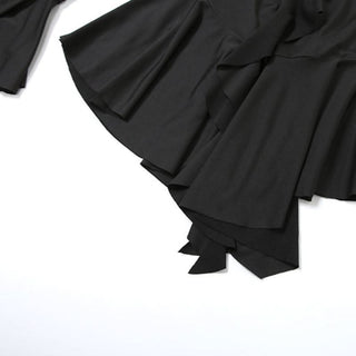 Long flared sleeve self tie v neck ruffle mini dress