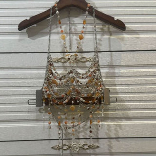 Hollow out halter metal chain beaded cut out top