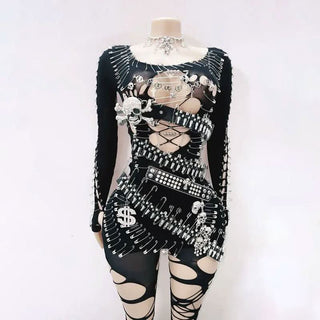 Long sleeve metal applique skull hollow out cut out mini dress