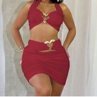 Halter hollow out sweetheart ring mini skirt set