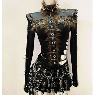 Long sleeve fluffy hollow out rivet applique cut out top