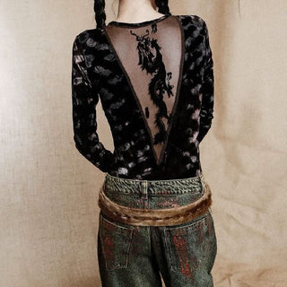 Long sleeve deep V neck beaded mesh bodysuit