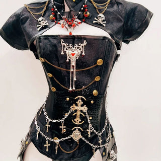 Short sleeve high metal chain skull 2 piece top