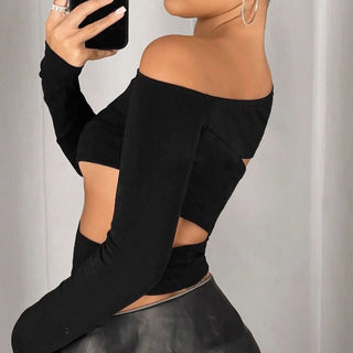 One shoulder long sleeve hollow out cut out top