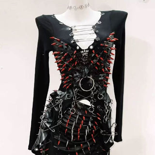 Long sleeve rivet metal chain PU leather mini skirt set