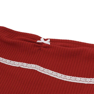 Long sleeve high neck bowknot lace hem 2 piece top