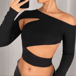 One shoulder long sleeve hollow out cut out top
