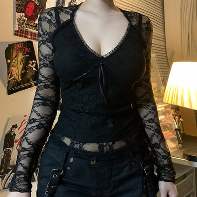 Lace splicing V-neck top