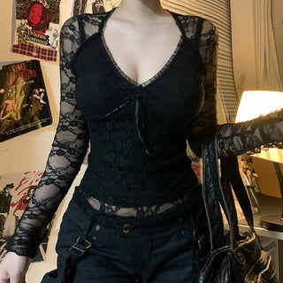 Lace splicing V-neck top