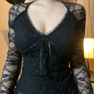 Lace splicing V-neck top