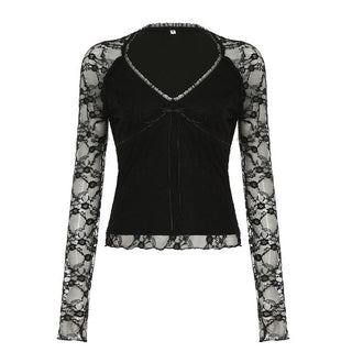 Lace splicing V-neck top