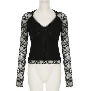 Lace splicing V-neck top