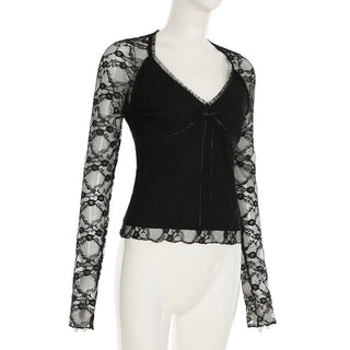 Lace splicing V-neck top