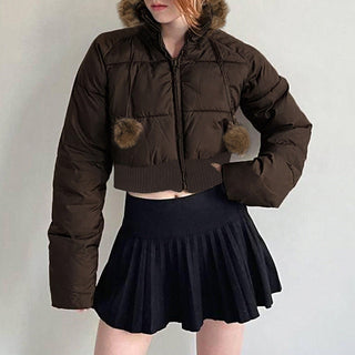 Fur hooded cotton cropped zipper