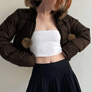 Fur hooded cotton cropped zipper