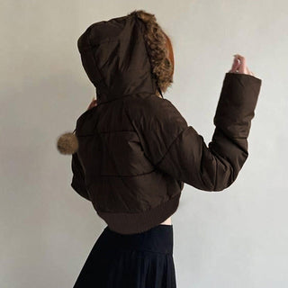 Fur hooded cotton cropped zipper