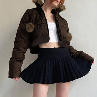 Fur hooded cotton cropped zipper