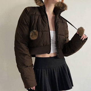 Fur hooded cotton cropped zipper