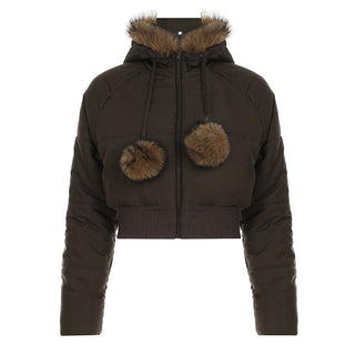 Fur hooded cotton cropped zipper
