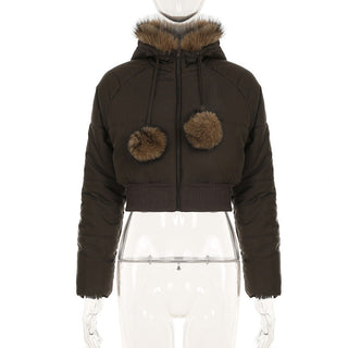 Fur hooded cotton cropped zipper