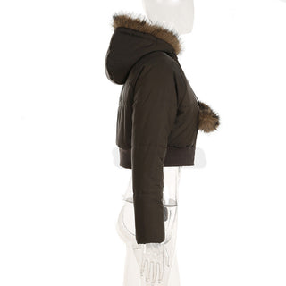 Fur hooded cotton cropped zipper