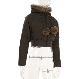 Fur hooded cotton cropped zipper