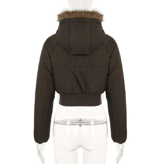 Fur hooded cotton cropped zipper