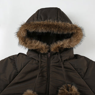 Fur hooded cotton cropped zipper