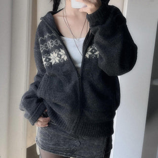 Retro Coarse Knit Cardigan Hooded Sweater