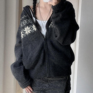 Retro Coarse Knit Cardigan Hooded Sweater