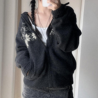 Retro Coarse Knit Cardigan Hooded Sweater