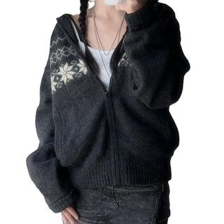 Retro Coarse Knit Cardigan Hooded Sweater