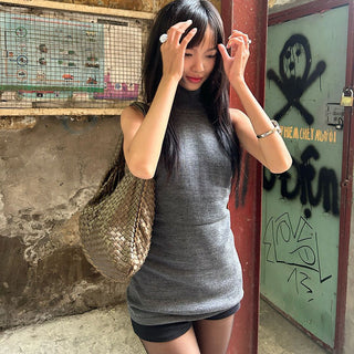 Halter neck backless high collar knitted vest