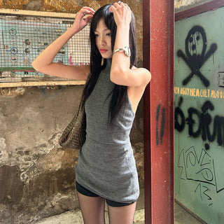 Halter neck backless high collar knitted vest