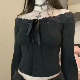 Lace bow tie one-shoulder long-sleeved top